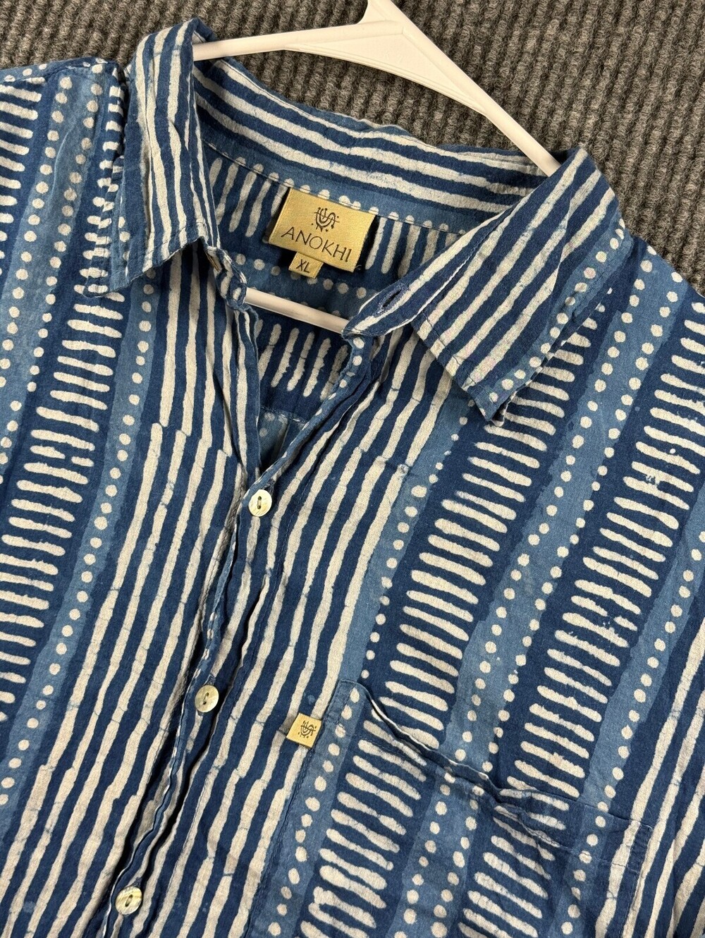 Anokhi Long Sleeve Button Up Shirt Mens XL Blue White Block Print Tribal